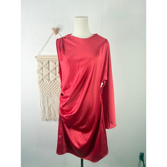 Zara Red Satin Christmas Dress Plus Size XXL One Sleeve Mini - Picture 4 of 13